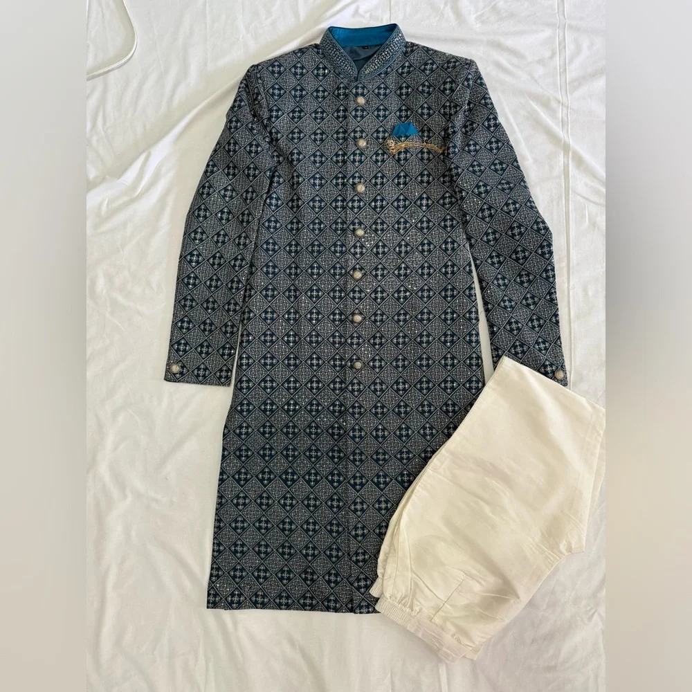 Blue Patterned Indowestern Full Set - Picture 2 of 8